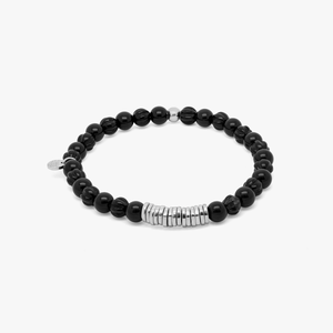 Classic Discs Beaded Bracelet  In Rhodium Plated Silver With Black Agate