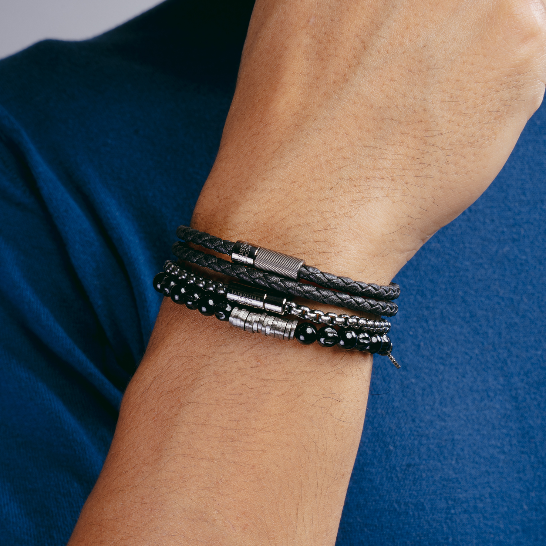 Black leather double wrap bracelet with black ruthenium plated sterling silver clasp