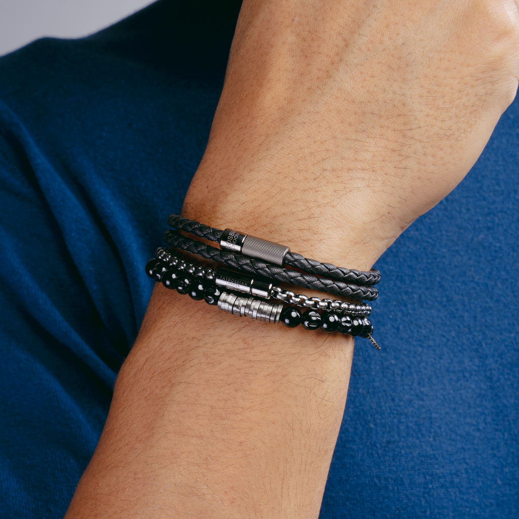 Black leather double wrap bracelet with black ruthenium plated sterling silver clasp