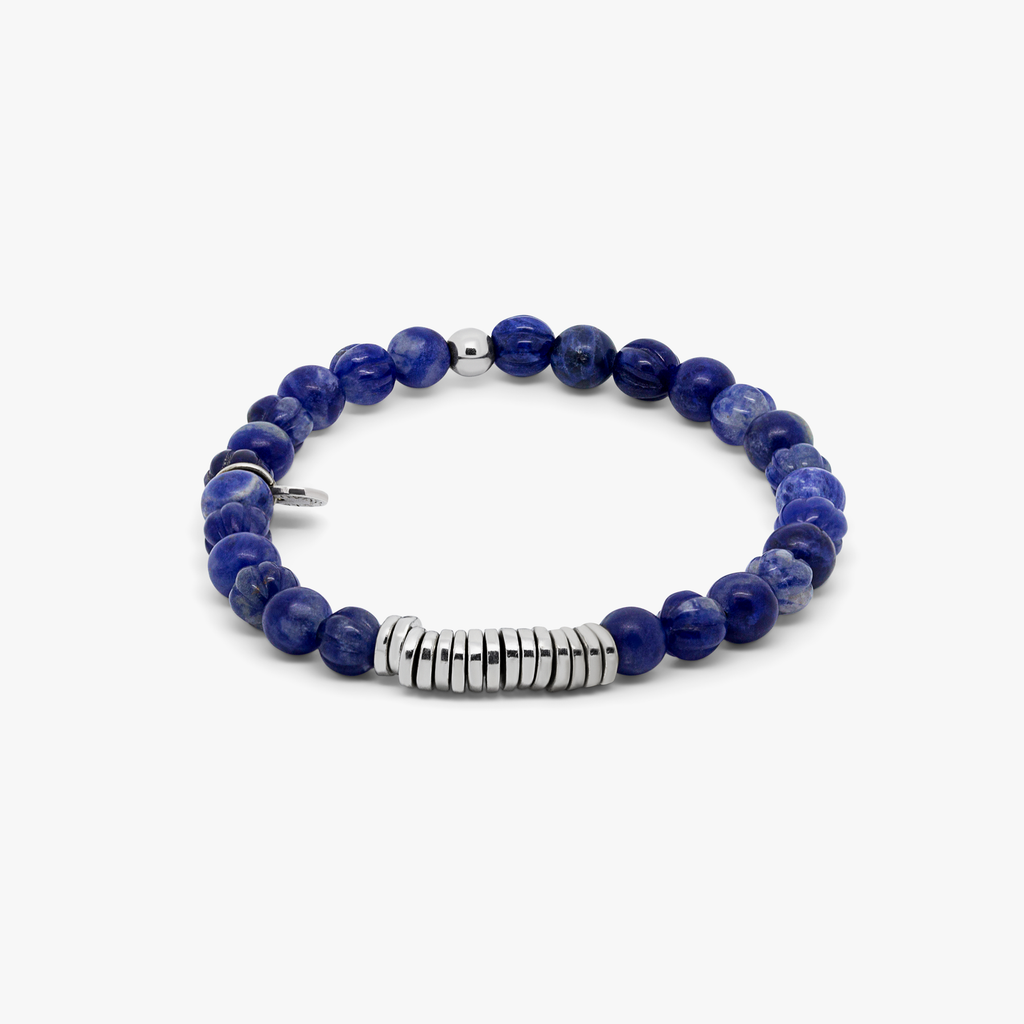 Classic Discs Beaded Bracelet In Rhodium Plated Silver With Blue Sodalite