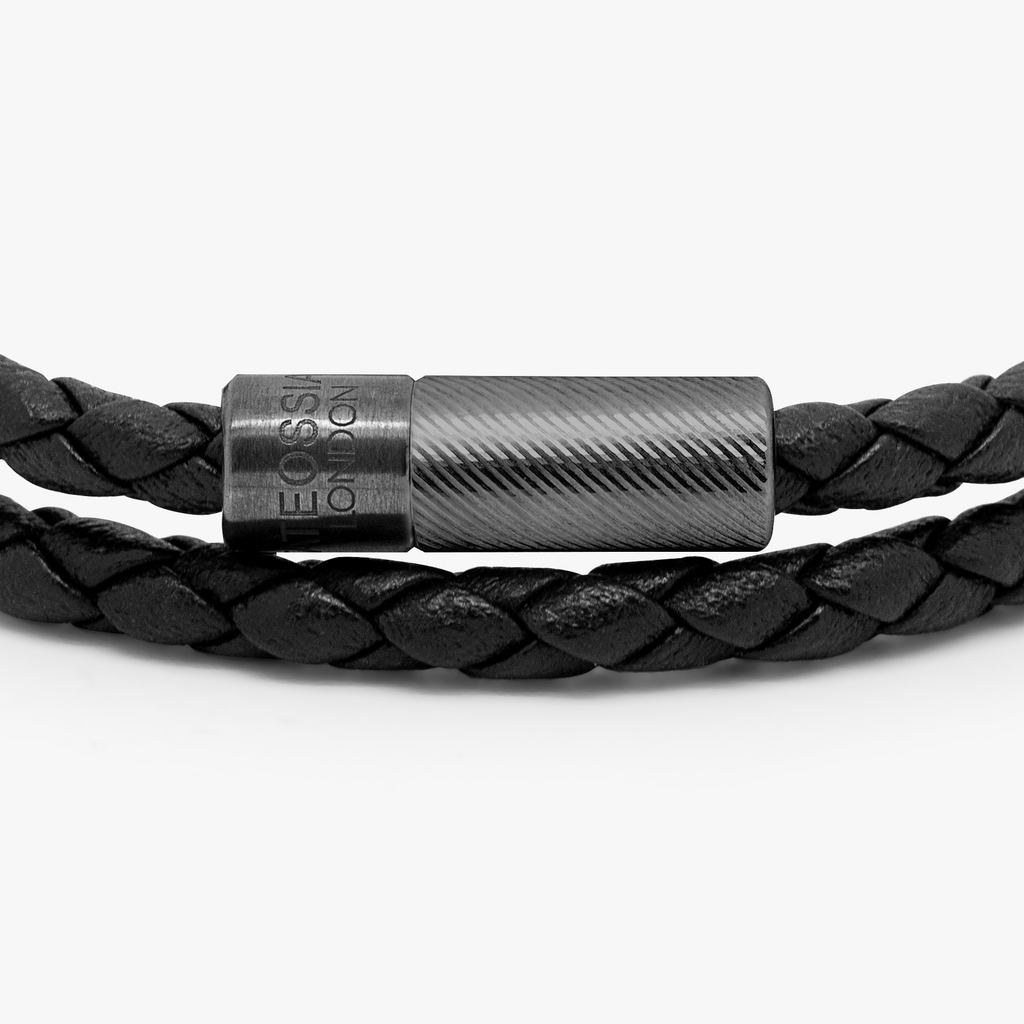 Black leather double wrap bracelet with black ruthenium plated sterling silver clasp