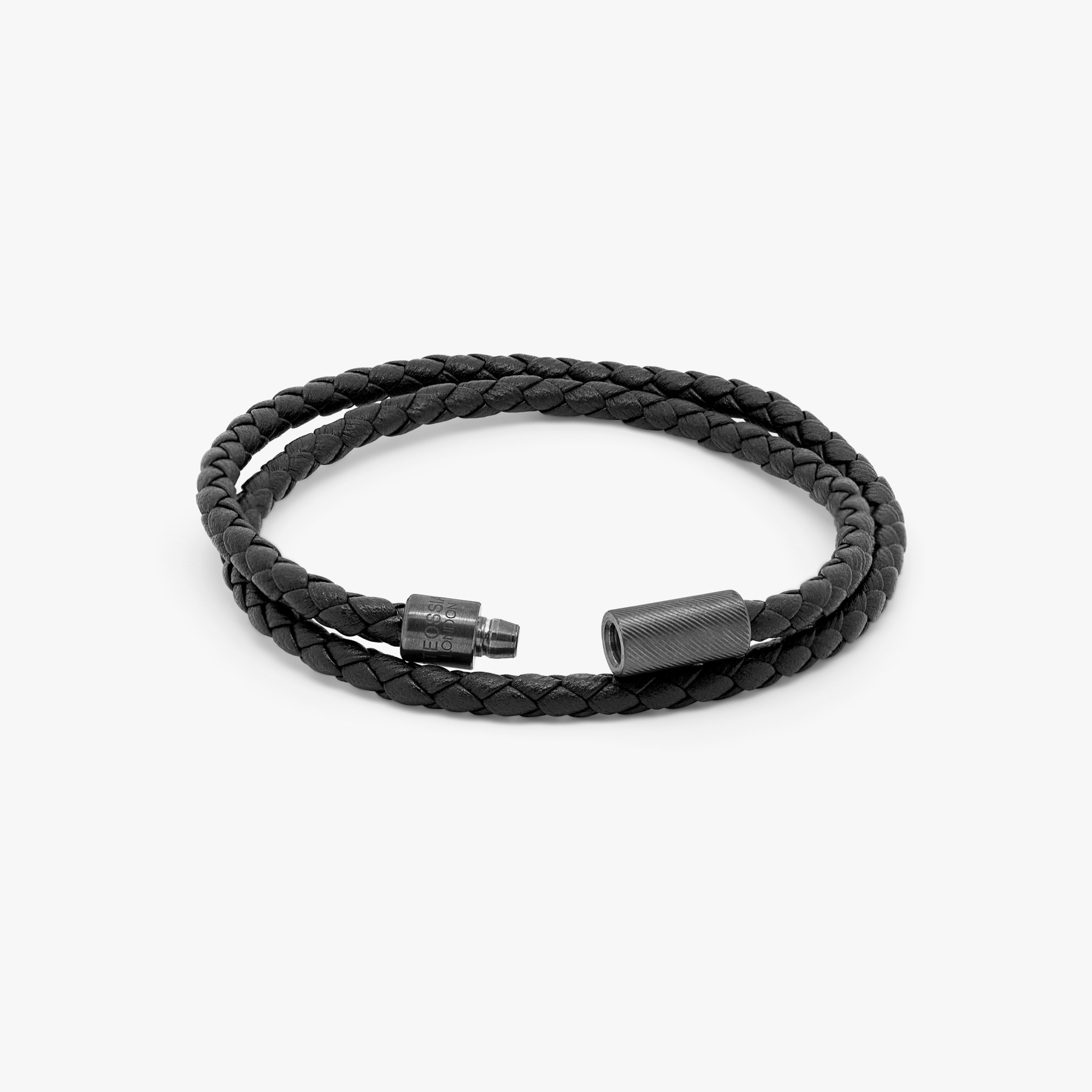 Black leather double wrap bracelet with black ruthenium plated sterling silver clasp