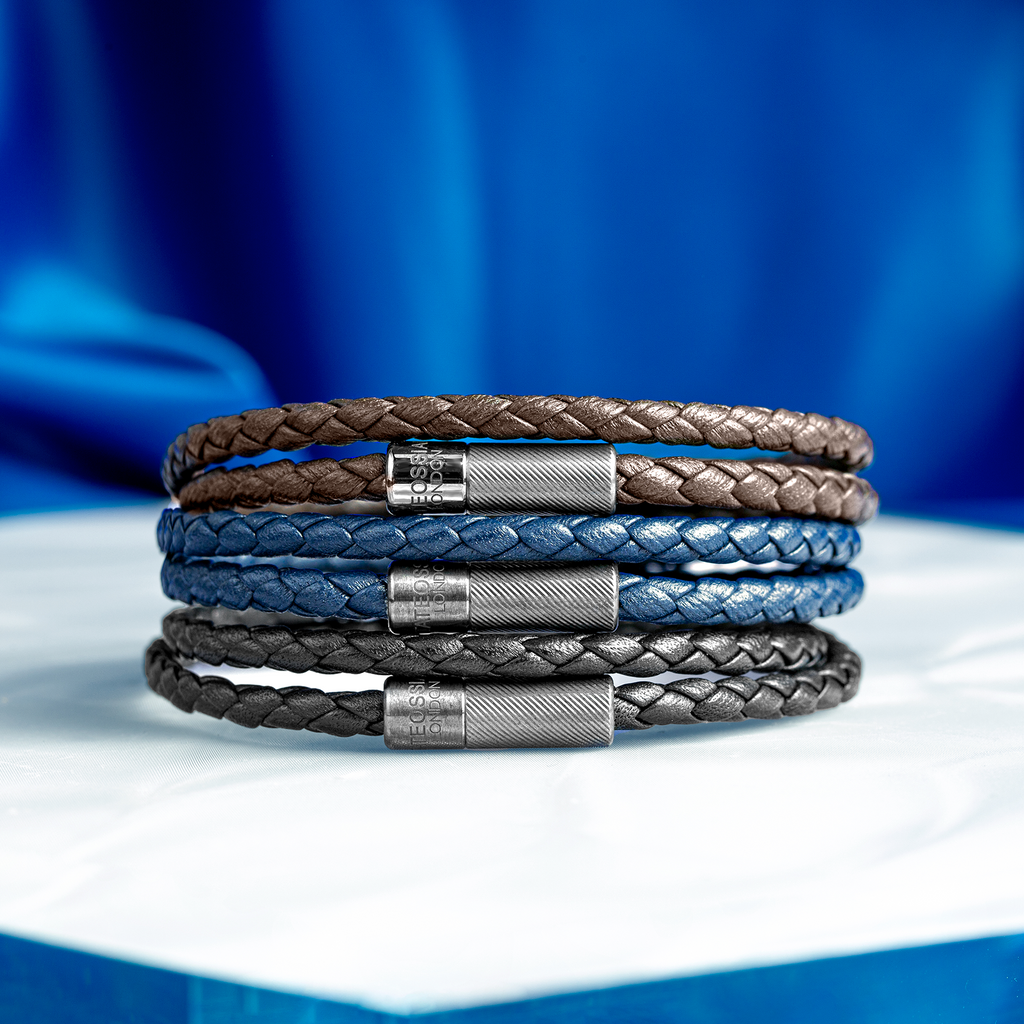 Black leather double wrap bracelet with black ruthenium plated sterling silver clasp