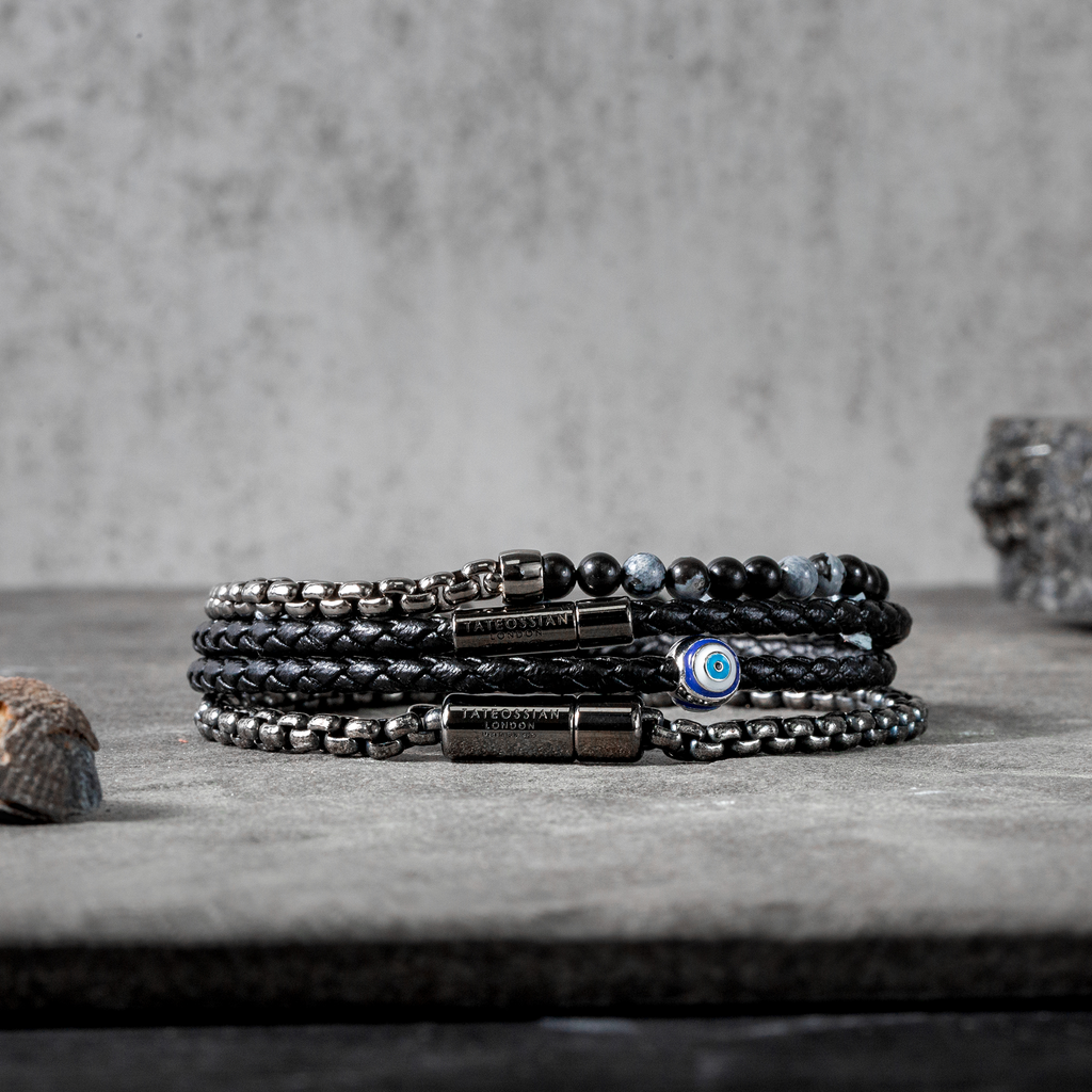 Mini Pop Pelle Bracelet in Black Leather With Ruthenium Plated Silver