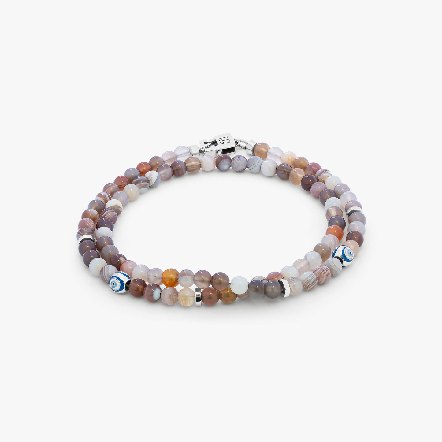 Rhodium plated sterling silver Evil Eye double wrap bracelet with agate