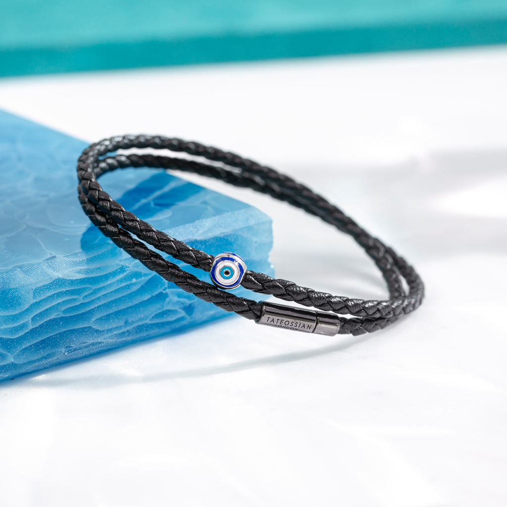 Mini Pop Pelle Bracelet in Black Leather With Ruthenium Plated Silver