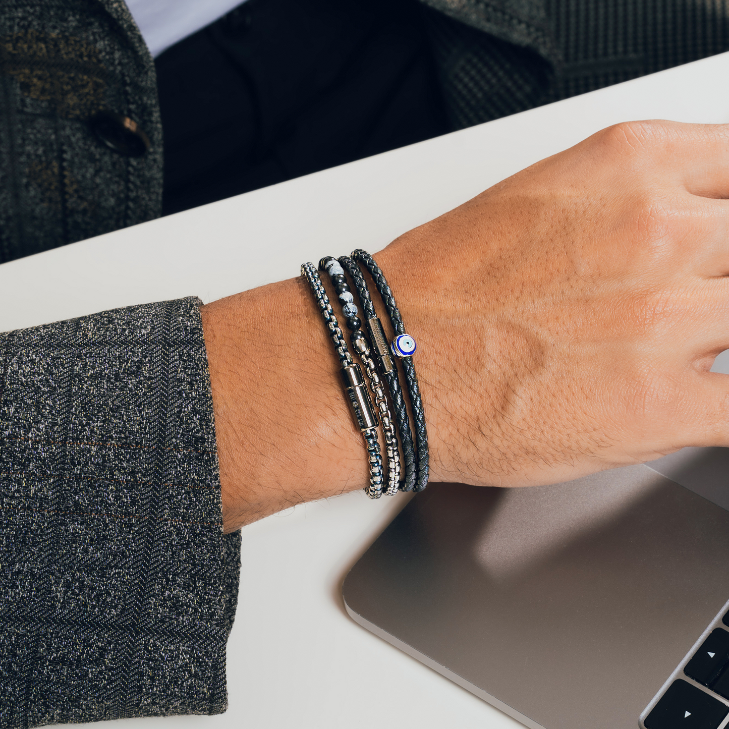 Mini Evil Eye Bracelet in Black Eco-Friendly Leather With Ruthenium Plated Silver