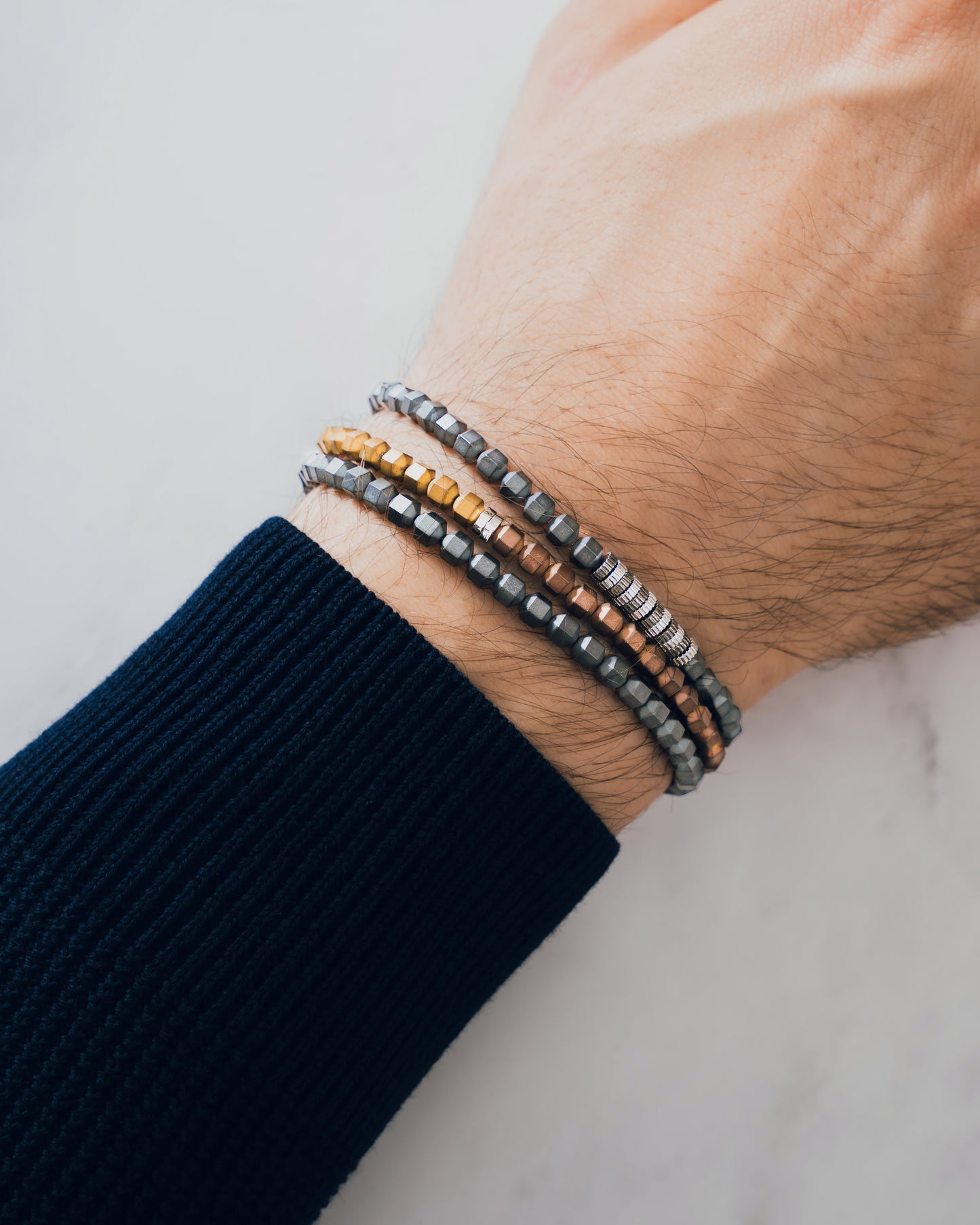 Icosahedron Beaded Bracelet In Rhodium Plated Silver with Hematite