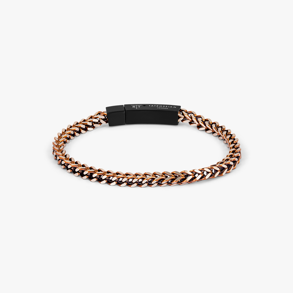 Chevron Click Bracelet In Matte Black Brown with chevron-patterned brown plated chain and matte black clasp for men.