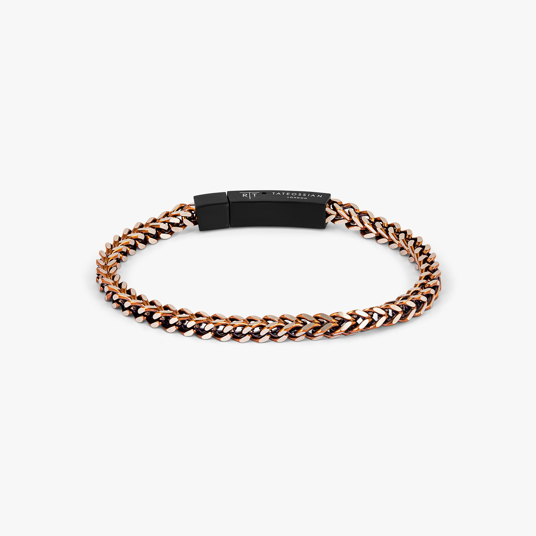 Chevron Click Bracelet In Matte Black Brown with chevron-patterned brown plated chain and matte black clasp for men.