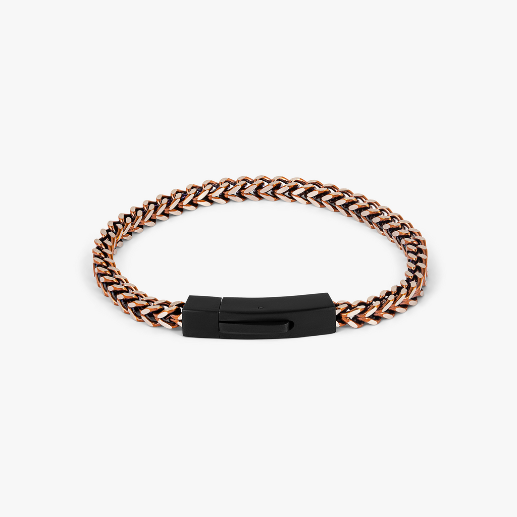 Chevron Click Bracelet In Matte Black Brown with chevron-patterned links and matte black clasp, crafted from brown IP stainless steel.