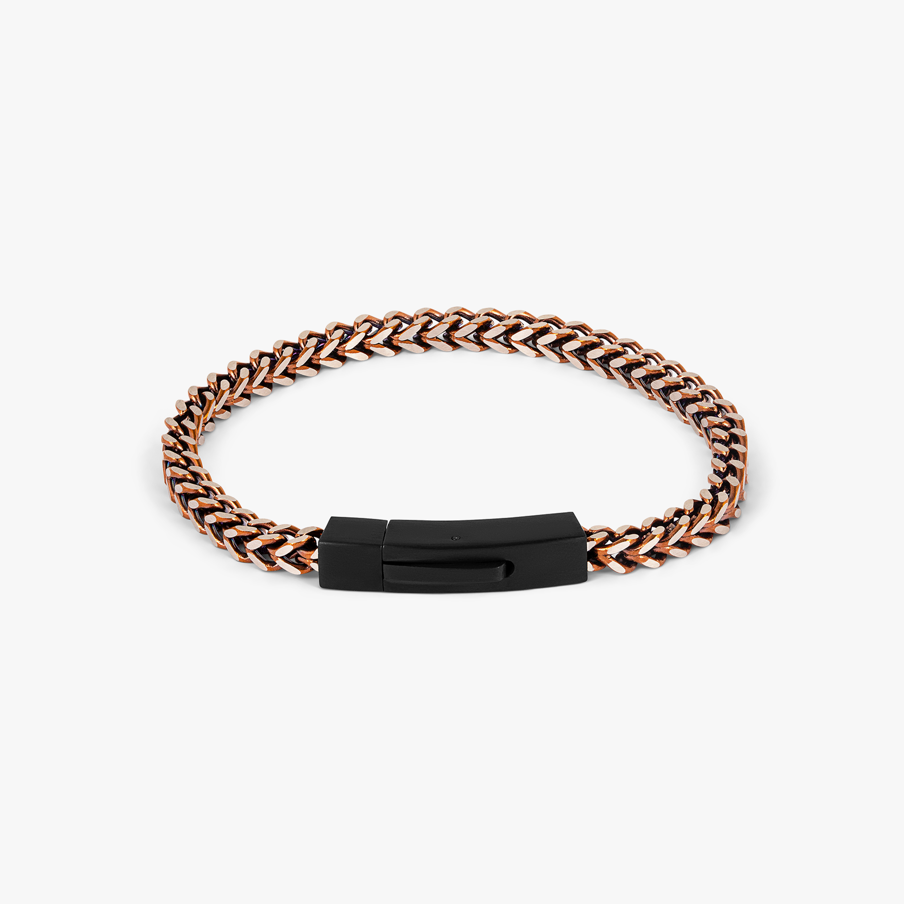 Chevron Click Bracelet In Matte Black Brown with chevron-patterned links and matte black clasp, crafted from brown IP stainless steel.