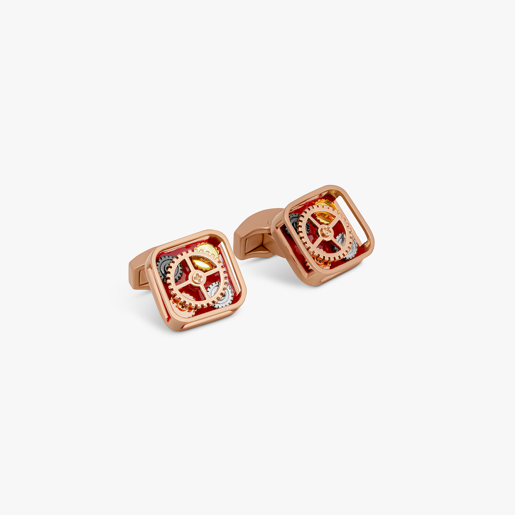 Pop Gears cufflinks with red enamel in gunmetal