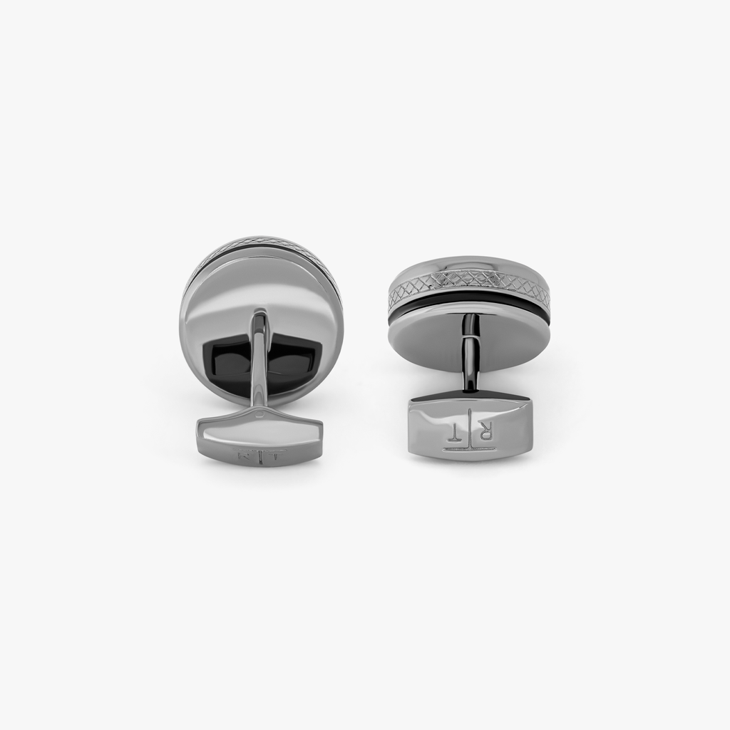 Single tourbillon gear cufflinks in gunmetal with black enamel and moving watch mechanism