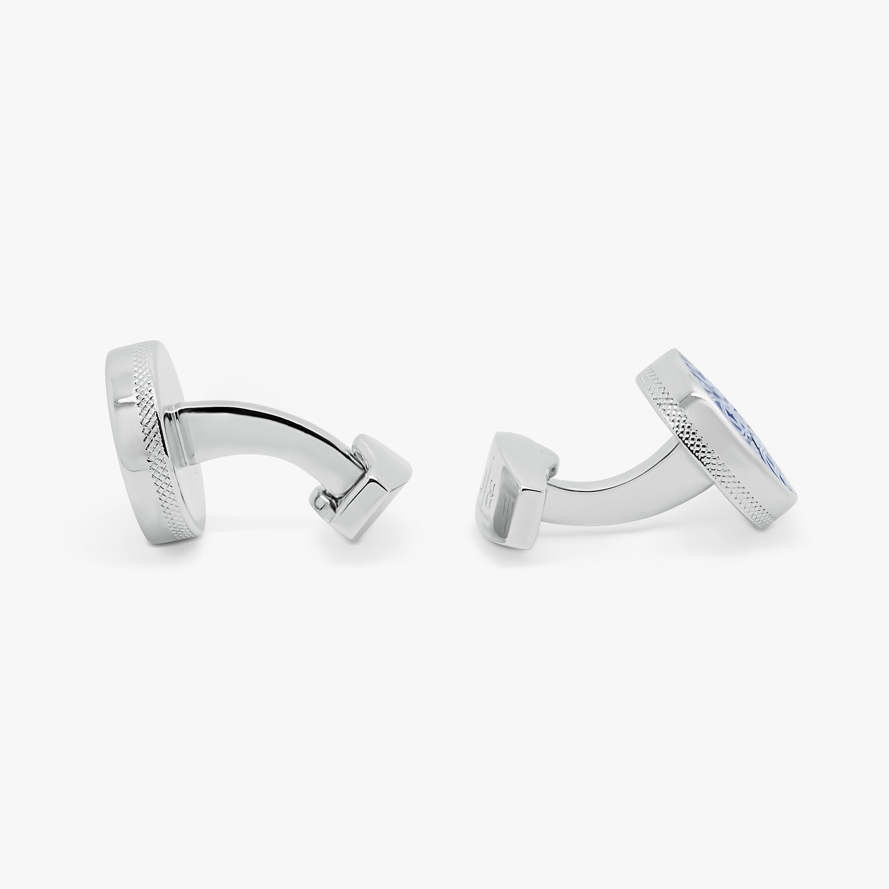 Star weave cufflinks in white bronze plated metal with blue enamel detail