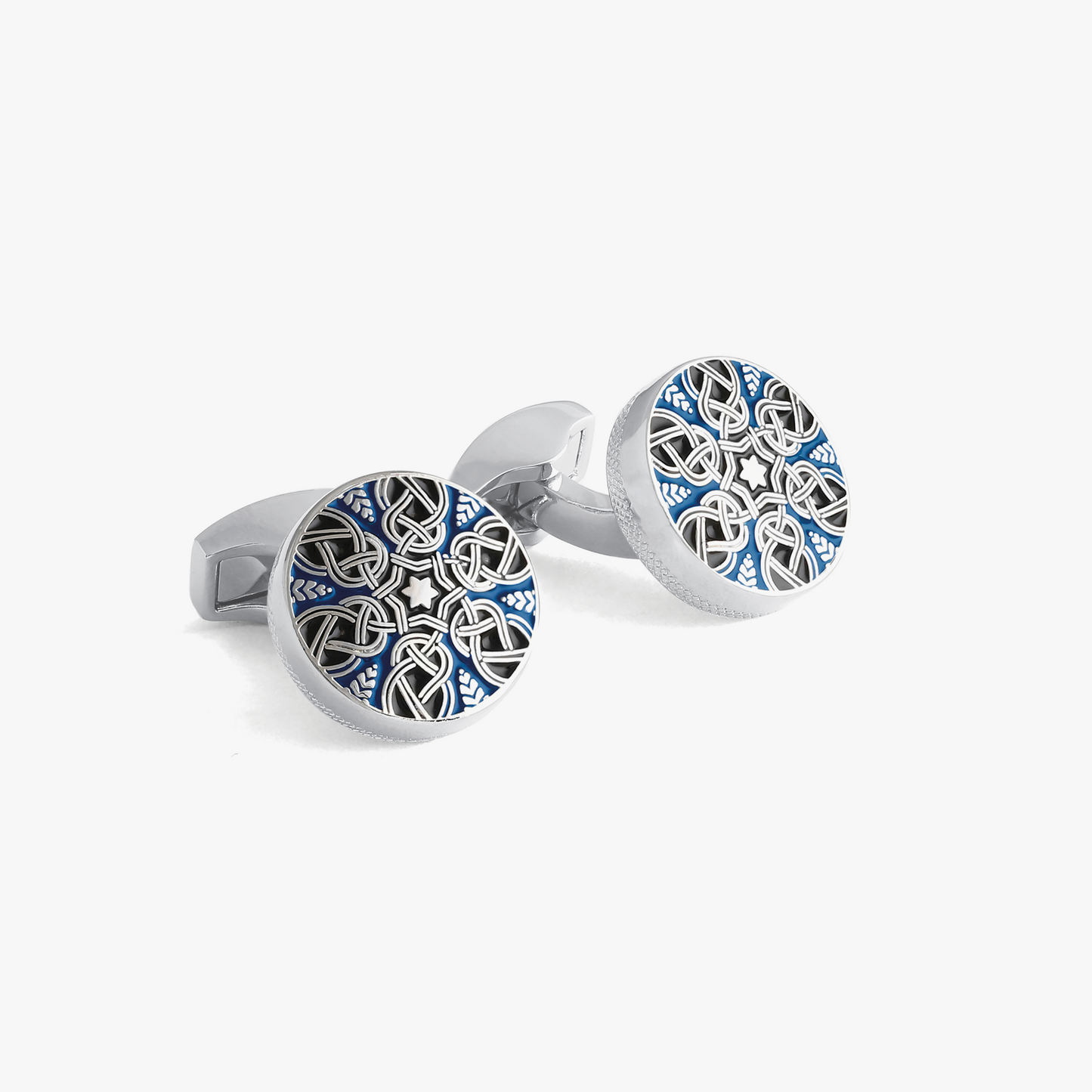 Star Weave cufflinks with blue enamel and white bronze plated