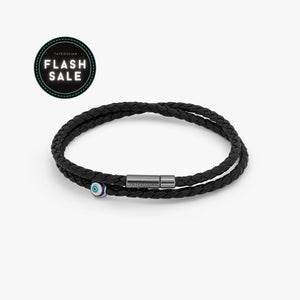 Mini Evil Eye Bracelet in Black Eco-Friendly Leather With Ruthenium Plated Silver