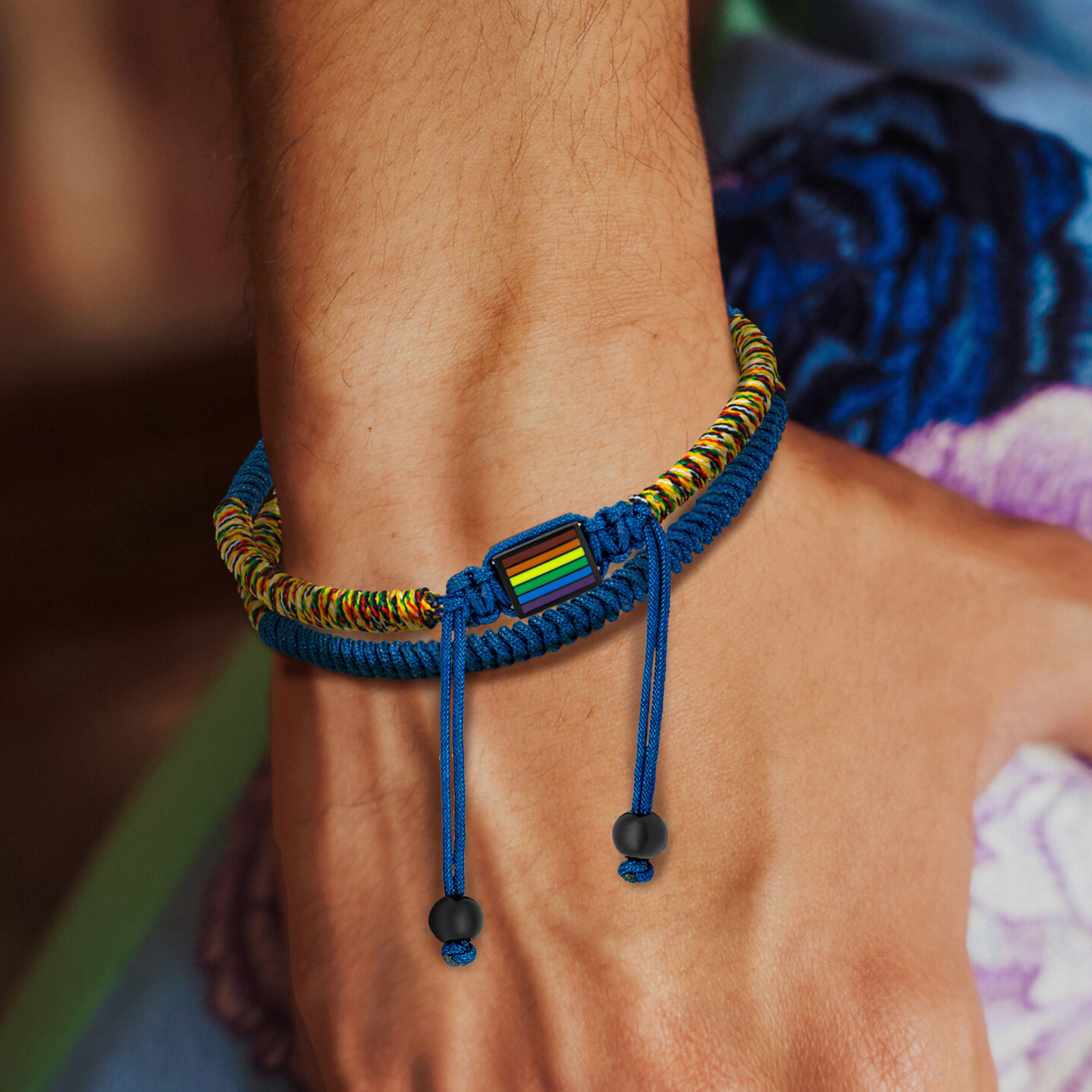 Macrame Pride Bracelet In Blue With IP Black Plated & Stainless Steel