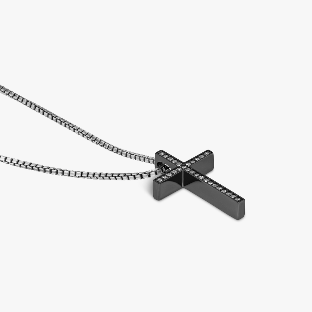 Black Rhodium Plated Sterling Silver Diamond Cross Pendant