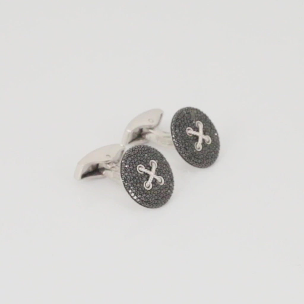 Button Pave cufflinks with black diamond in sterling silver