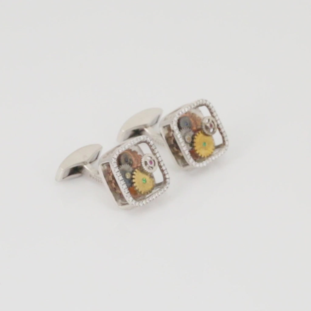 Diamond Gear Cufflinks In Rhodium Plated Silver