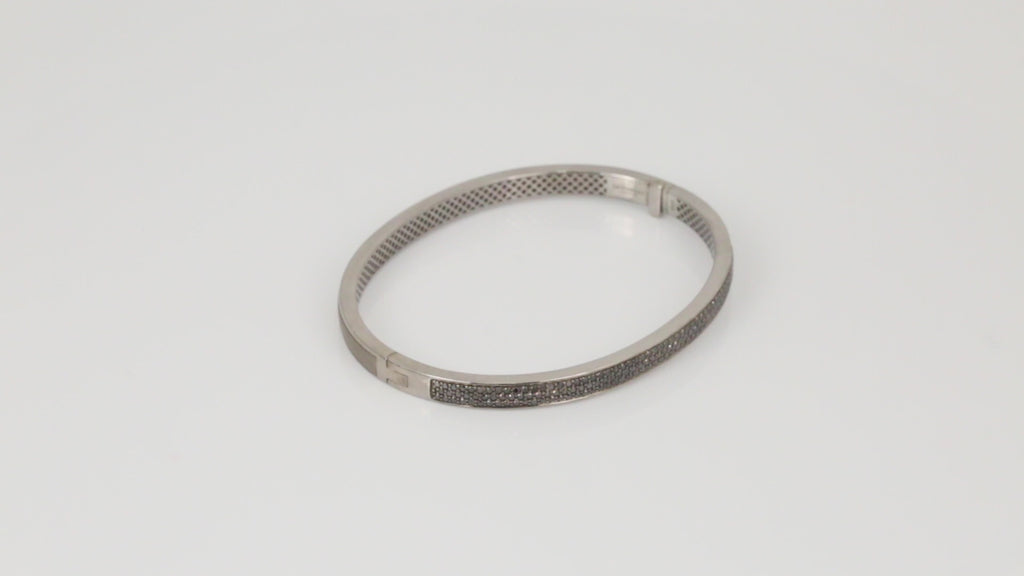 Buckingham Hinge Cuff Bangle in Rhodium Plated Silver with Black Diamonds