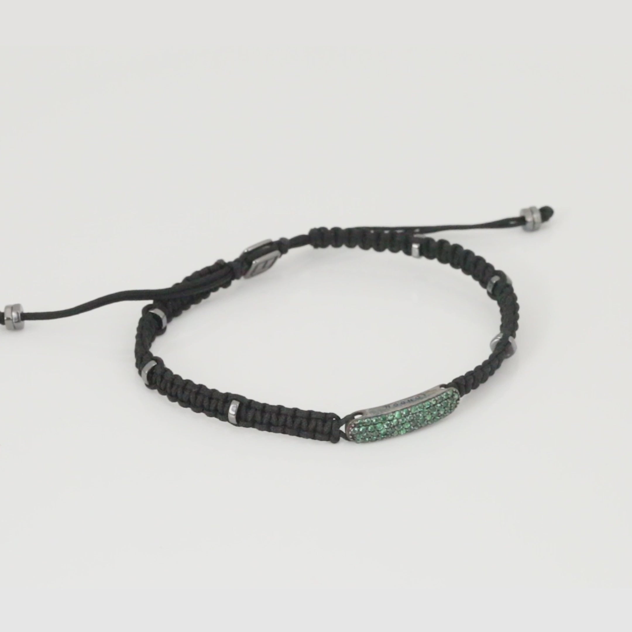 Baton Macrame Bracelet In Ruthenium Plated Silver with Green Emeralds