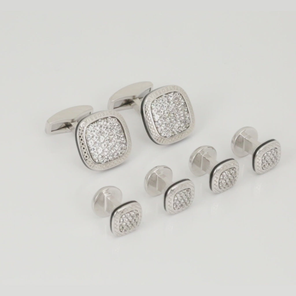 Signature Cufflinks & Dress Shirt Studs In Rhodium & White Sapphire