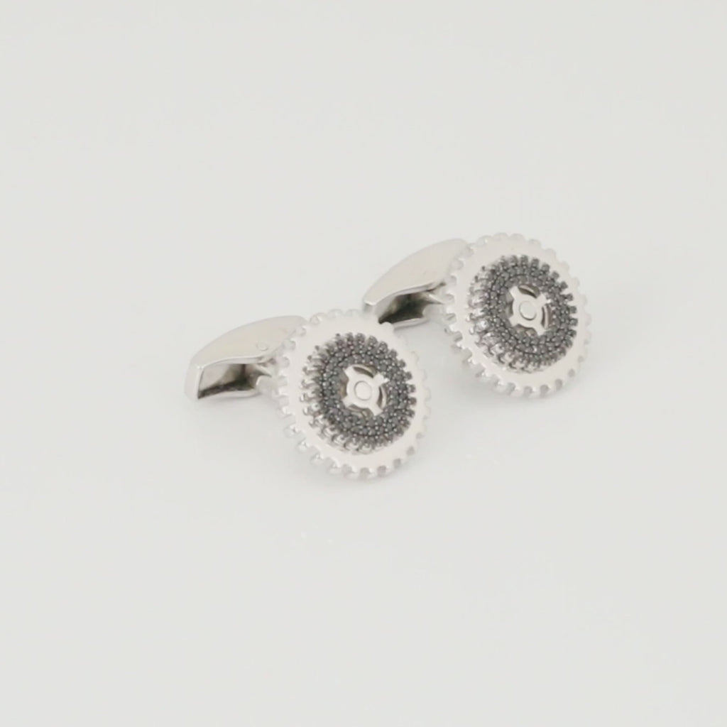 Rotating Gear cufflinks with black diamond in sterling silver