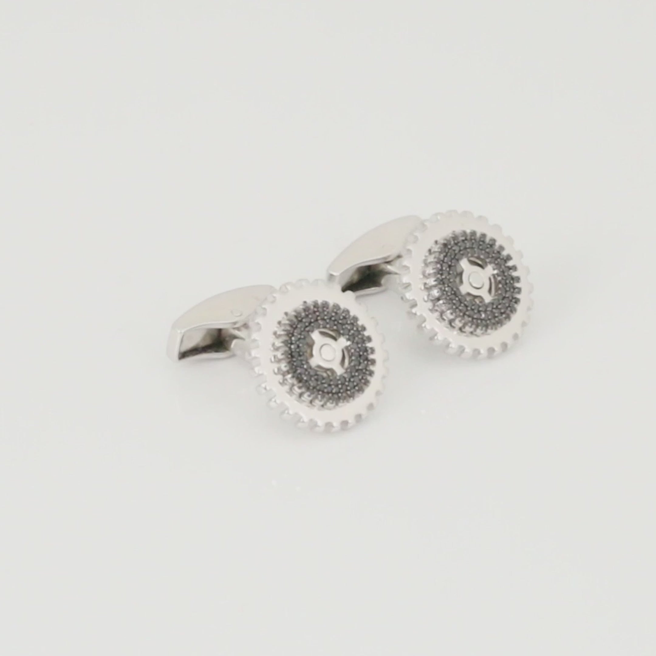Rotating Gear cufflinks with black diamond in sterling silver
