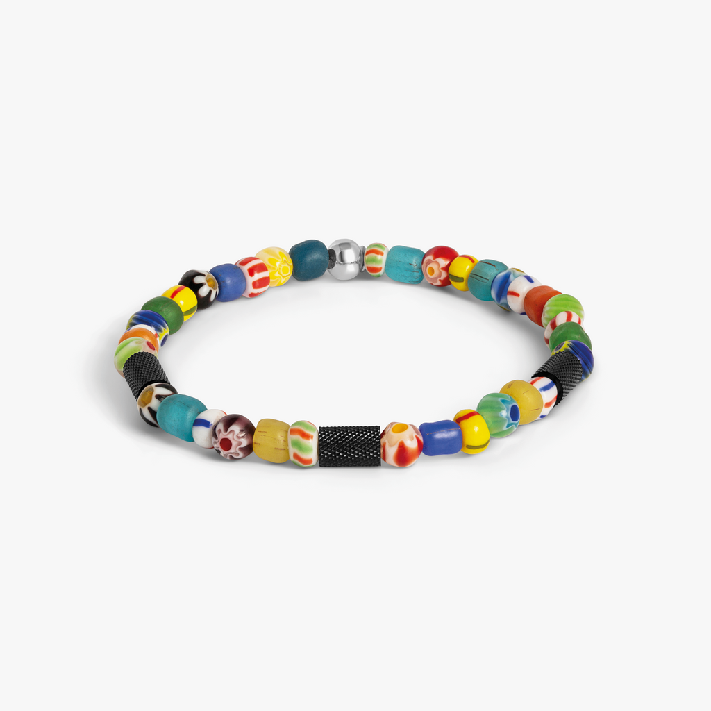 Tutti Frutti bracelet with multicolour frosted and African glass beads, Millefiori accents, and black IP-plated stainless steel clasp engraved with Giza pattern.