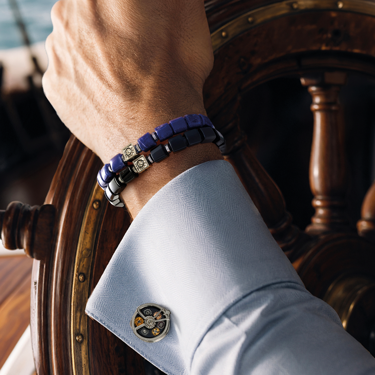 Nautical Gear Bracelet in Black Agate & Swarovski Stone With Stainless Steel