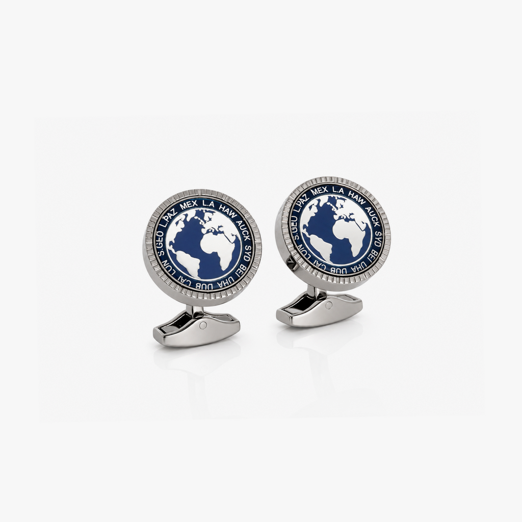 Globetrotter Rotating World Map Cufflinks in Gunmetal & Enamel