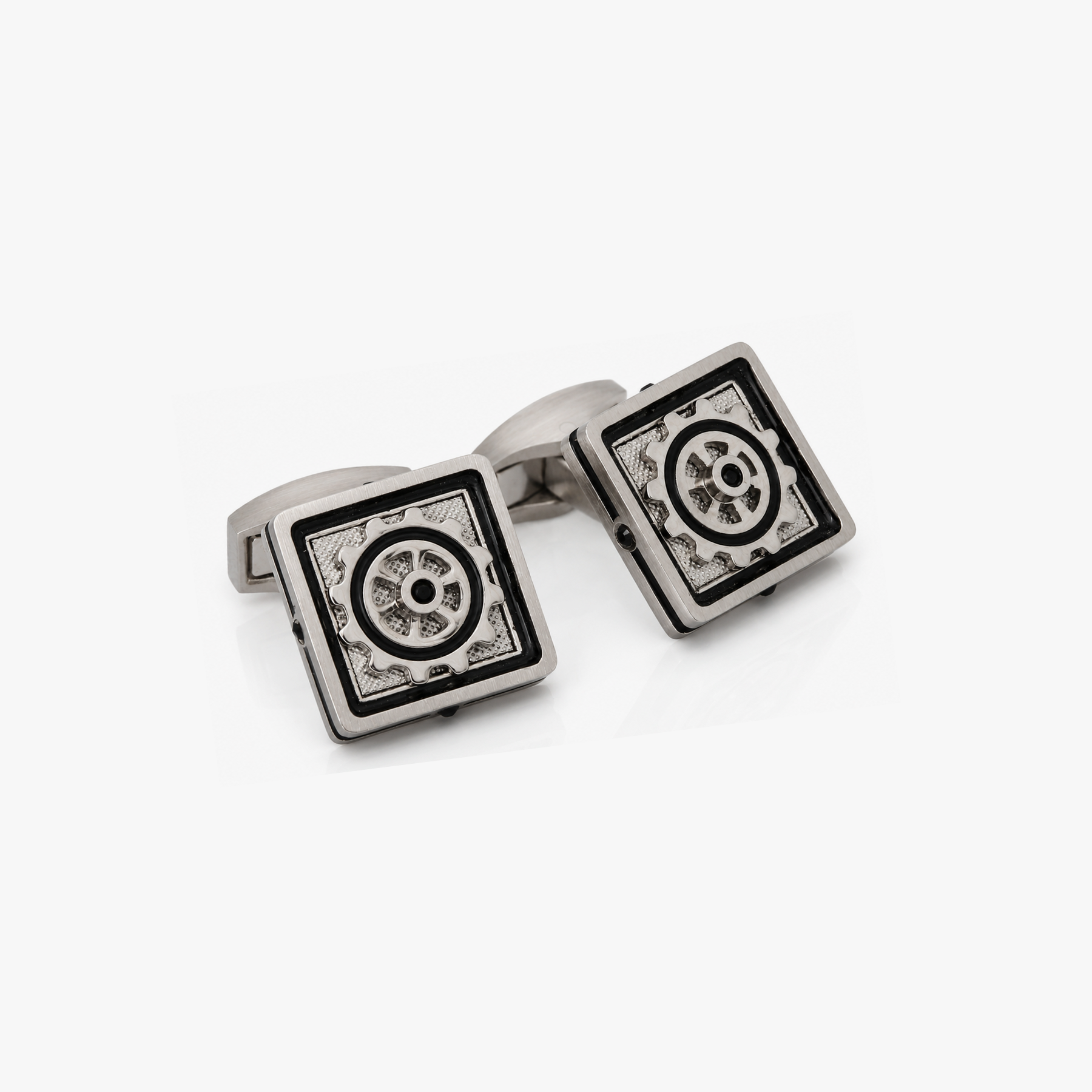 Nautical Gear Cufflinks with Black Enamel & Swarovski Stone