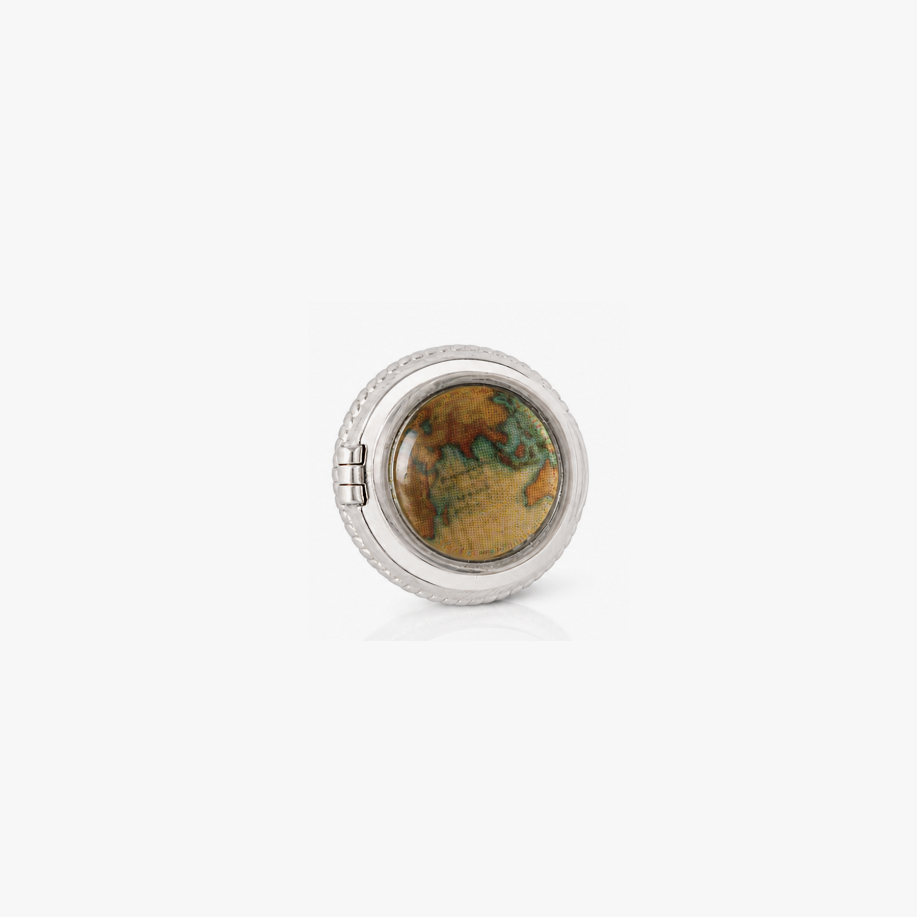 Porthole Picture Frame Brooch Pin in White Bronze with Vintage World Map