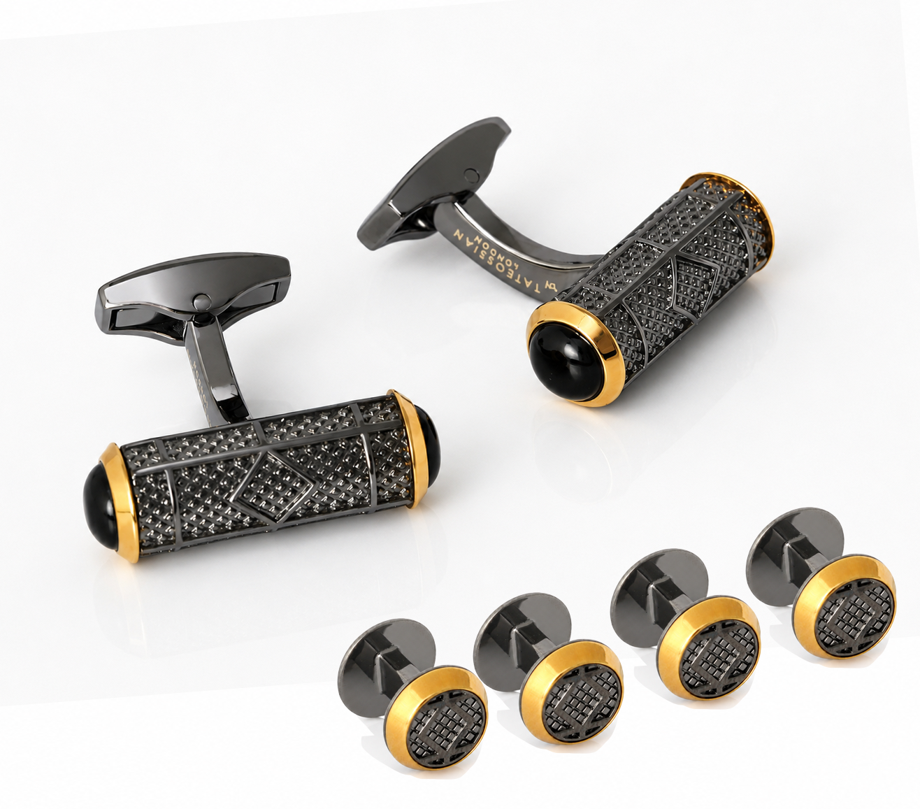 Signature Barrel Semi-Precious Cufflinks and Stud set with Onyx
