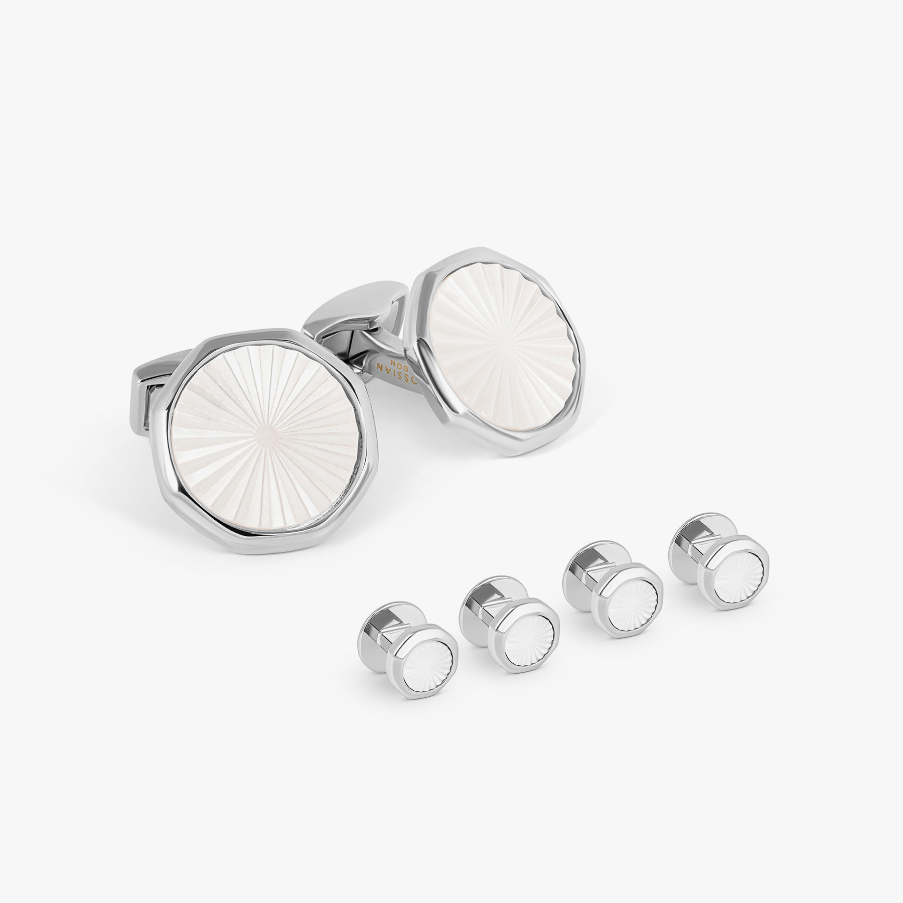 Sunburst Cufflinks & Dress Shirt Studs In Palladium & White Mother Of Tateossian Sunburst Cufflinks & Dress Shirt Studs In Palladium & White Mother Of Tateossian
