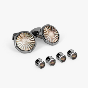 Sunburst Cufflinks & Dress Shirt Studs In Gunmetal & Grey Mother Of Pearl