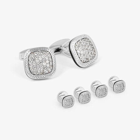 Diamond Signature Cufflinks & Dress Shirt Studs In Rhodium & White Sapphire