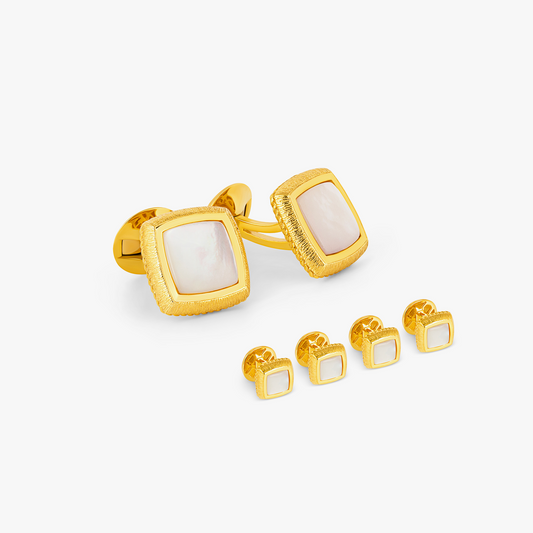 Graffiato Square Cufflinks & Dress Shirt Studs In Yellow Gold & White Mother Of Pearl