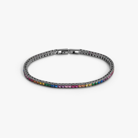 Quadro Tennis Semi-Precious Bracelet In Black Rhodium Plated Sterling Silver With Multicolour Nano S