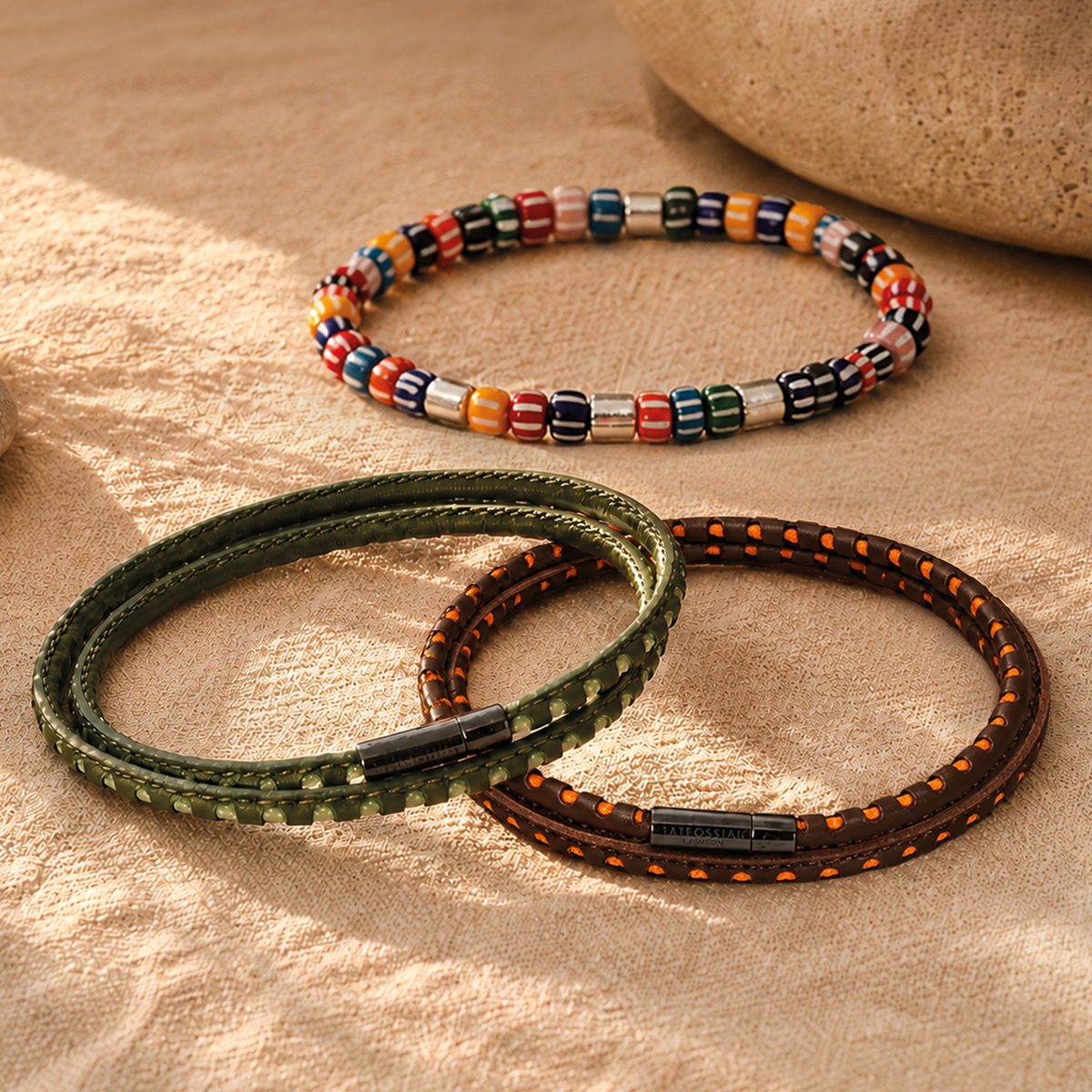 Mini Pop Perforated Pelle Khaki Leather & Green Eco Cord Double Wrap Bracelet
