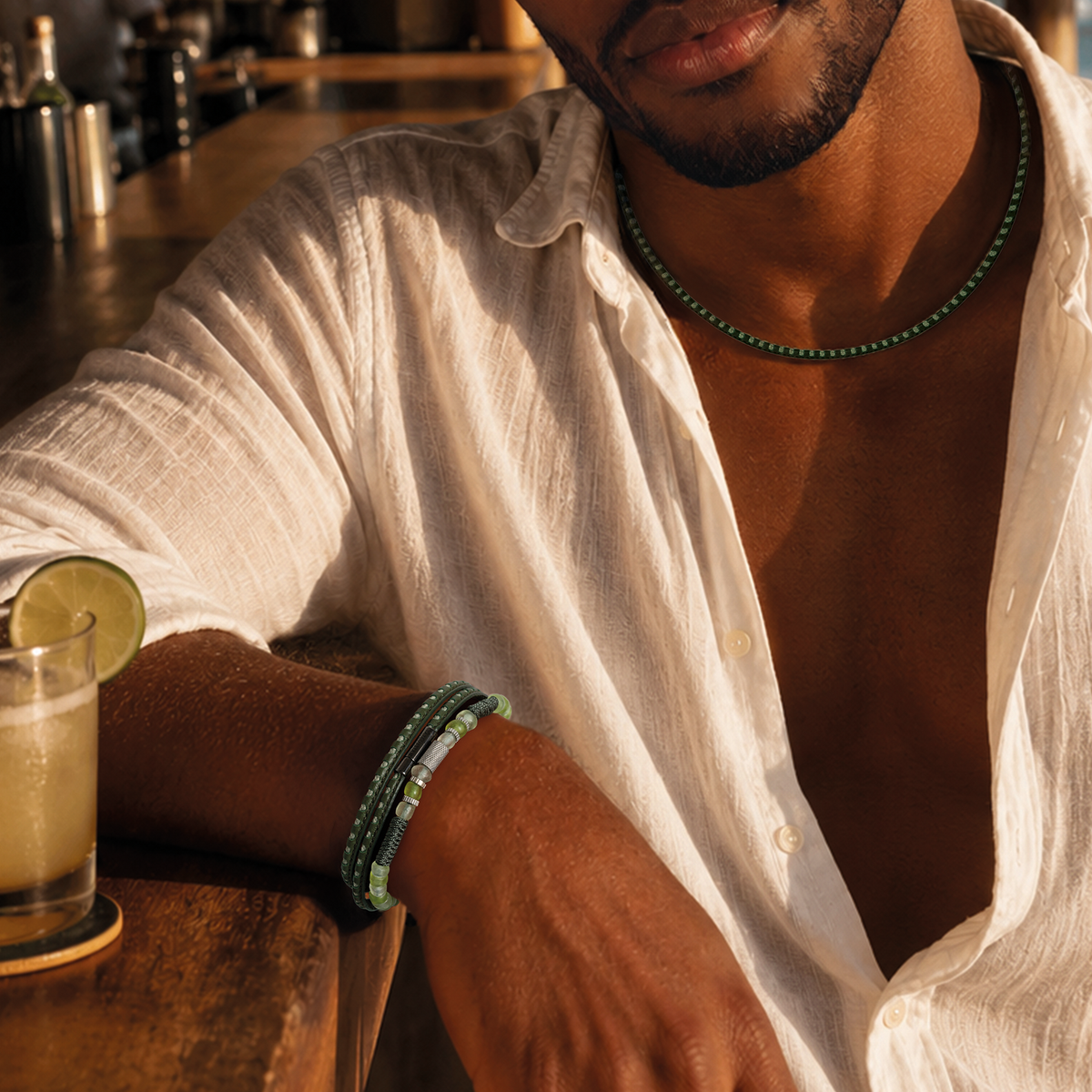 Mini Pop Perforated Pelle Khaki Leather & Green Eco Cord Double Wrap Bracelet