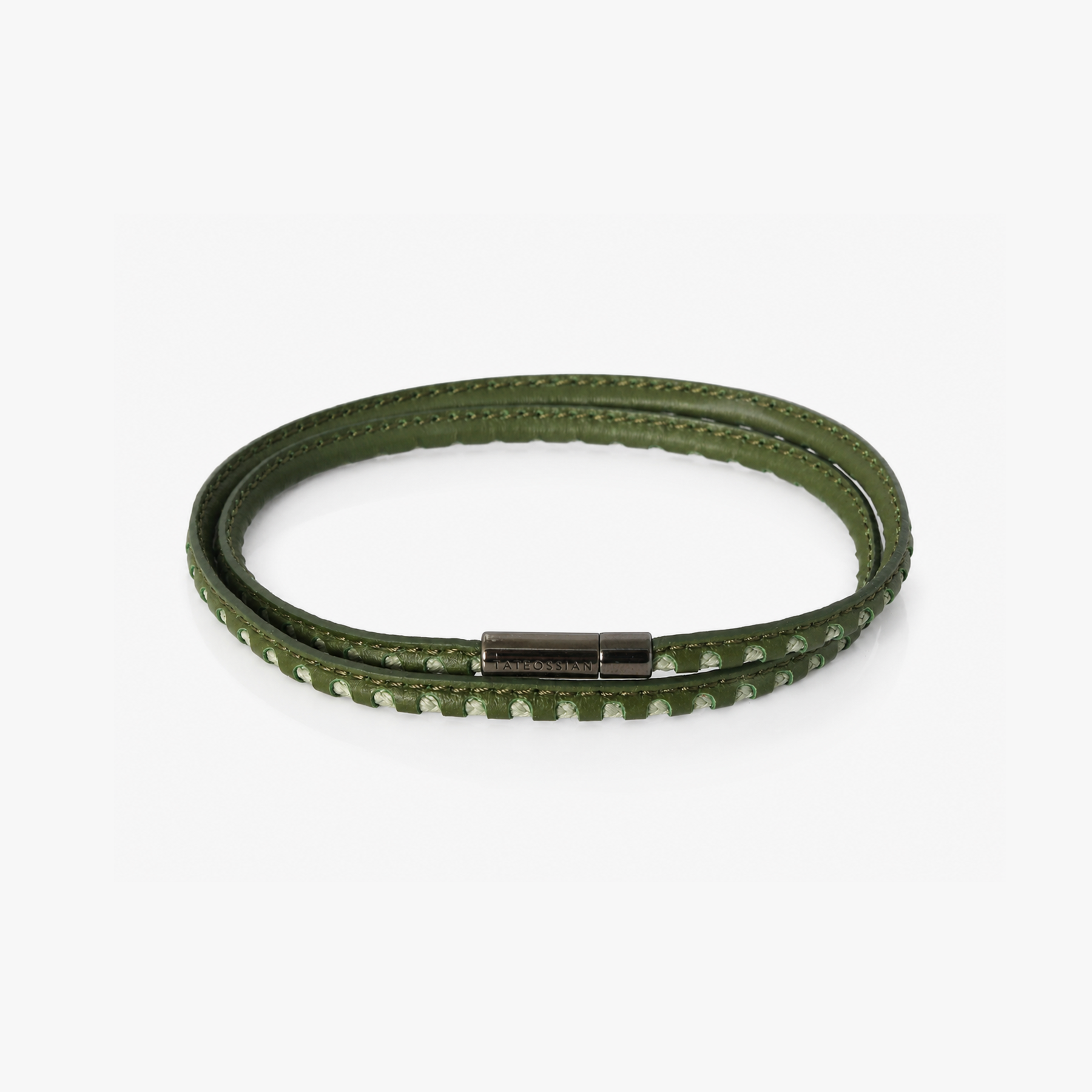 Mini Pop Perforated Pelle Khaki Leather & Green Eco Cord Double Wrap Bracelet