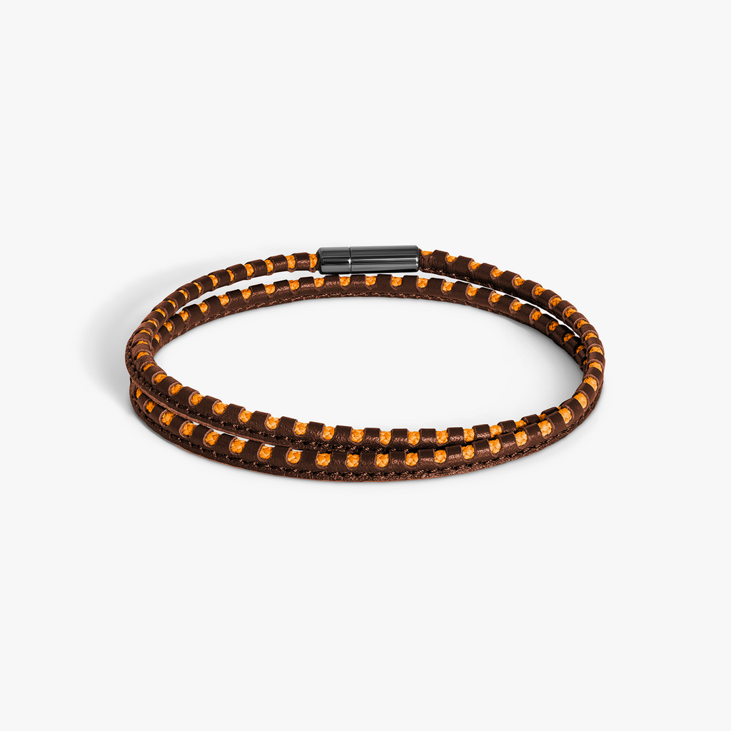 Mini Pop Perforated Pelle Brown Leather & Orange Eco Cord Double Wrap Bracelet