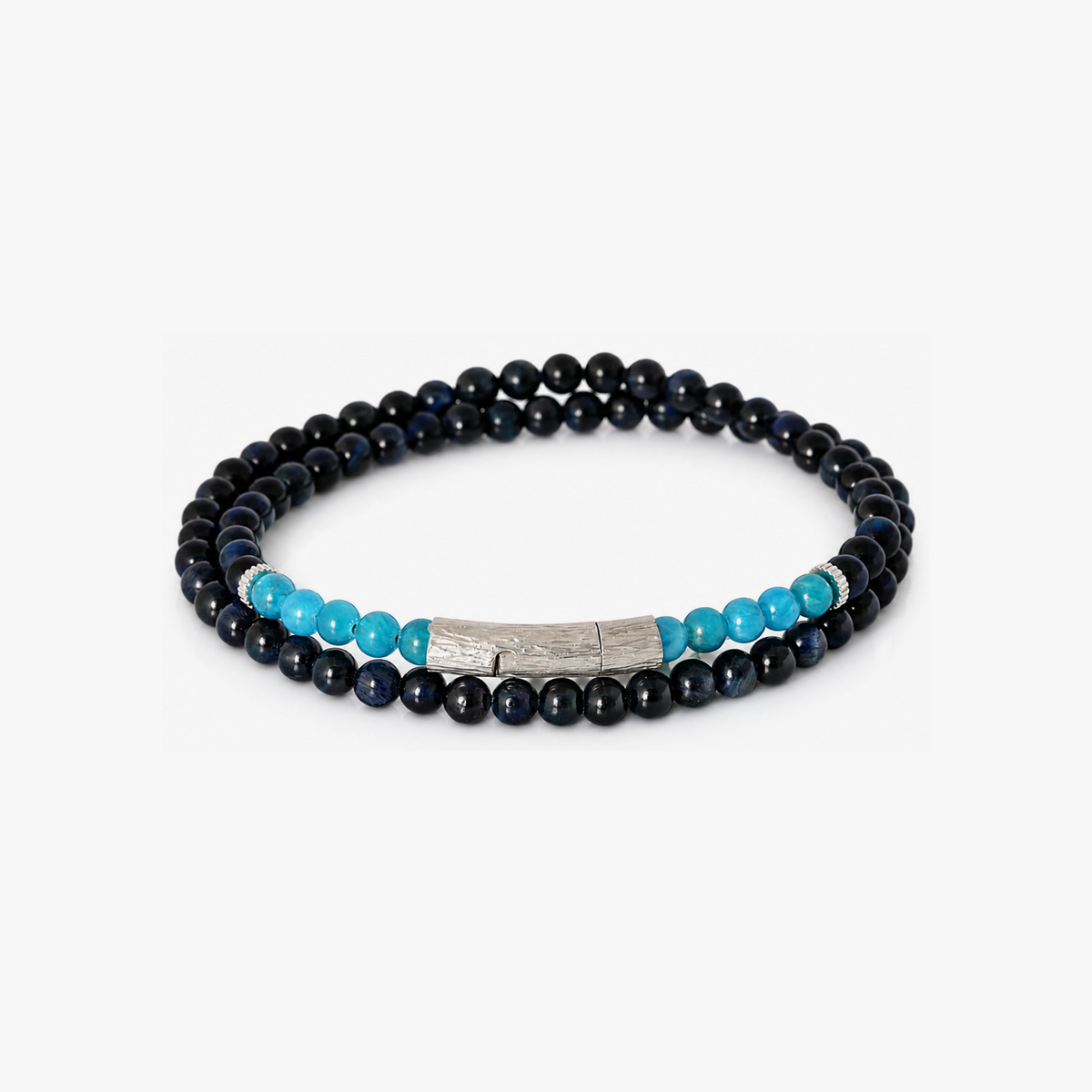 Tubo Graffiato  Double Wrap Beaded Bracelet in Tiger Eye & Blue Apatite With Sterling Silver | Limited Edition