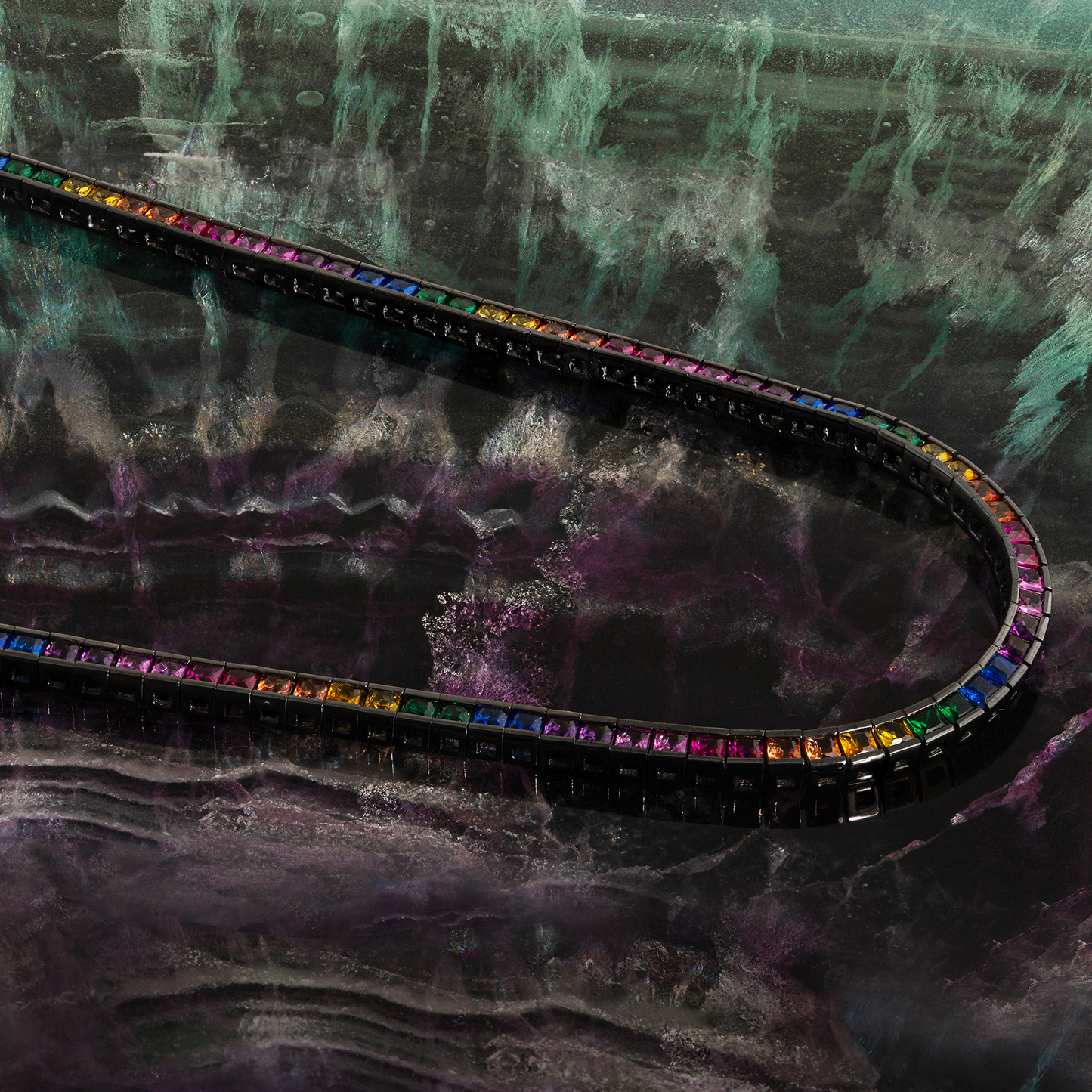 Quadro Tennis Semi-Precious Necklace In Black Rhodium Plated Sterling Silver With Multicolour Spinel