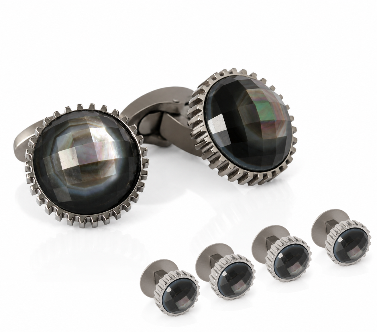 Aurora Domed Gear Titanium Cufflink and Stud Set with Black Mother of Pearl