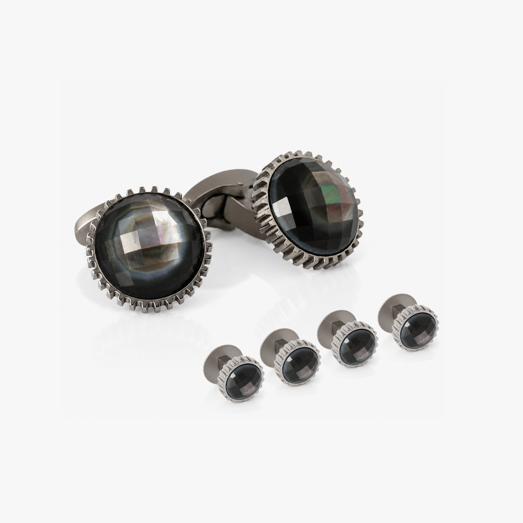 Aurora Domed Gear Titanium Cufflink and Stud Set with Black Mother of Pearl