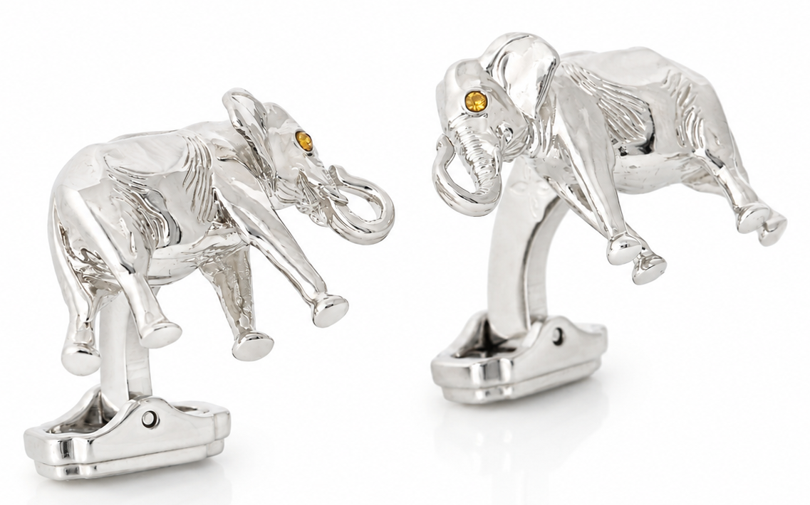 THOMPSON Elephant Cufflink In Palladium plated Base Metal With Brown Swarovski Crystal